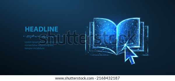Arrow pointer clicking on digital book. Online\
library, e-education technology, distant study, educational\
resources, guide course, ebooks app, online seminar, e-learning\
resources concept.