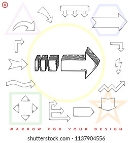 Arrow pointer dotted line right isolated on white. Black outline sketch. Vector