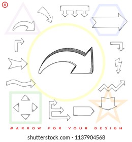 Arrow pointer down isolated on white. Black outline sketch. Vector