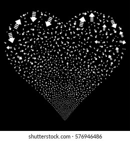 Arrow Pointer fireworks with heart shape. Vector illustration style is flat white iconic symbols on a black background. Object stream created from confetti pictographs.