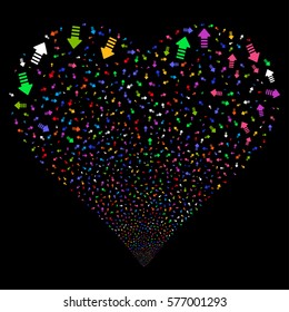 Arrow Pointer fireworks with heart shape. Vector illustration style is flat bright multicolored iconic symbols on a black background. Object salute combined from confetti pictographs.