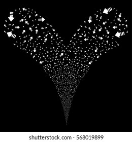 Arrow Pointer fireworks stream. Vector illustration style is flat white iconic symbols on a black background. Object double fountain done from random pictographs.