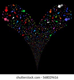 Arrow Pointer fireworks stream. Vector illustration style is flat bright multicolored iconic symbols on a black background. Object double fountain combined from random pictographs.