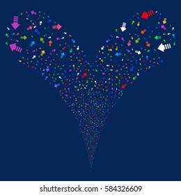 Arrow Pointer fireworks stream. Vector illustration style is flat bright multicolored iconic symbols on a blue background. Object double fountain done from random design elements.
