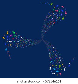 Arrow Pointer fireworks swirl rotation. Vector illustration style is flat bright multicolored iconic symbols on a blue background. Object whirl organized from random design elements.