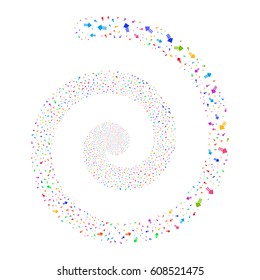Arrow Pointer fireworks whirlpool spiral. Vector illustration style is flat bright multicolored scattered symbols. Object whirlpool created from scattered icons.