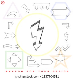 Arrow pointer lightning isolated on white. Black outline sketch. Vector