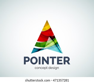 Icono de marca comercial del logotipo del puntero de flecha, creado con elementos superpuestos de color. Estilo geométrico abstracto brillante, logotipo único