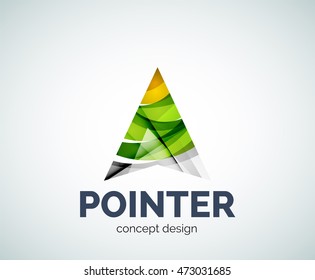 Arrow pointer logo business branding icon, created with color overlapping elements. Glossy abstract geometric style, single logotype