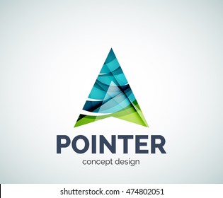 Arrow pointer logo business branding icon, created with color overlapping elements. Glossy abstract geometric style, single logotype