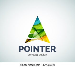 Symbol für die Markendarstellung des Zeigers mit Pfeil-Zeiger-Logo, erstellt mit überlappenden Farbelementen. Glossy abstrakter geometrischer Stil, einlogotypisch