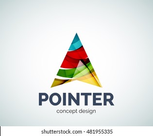 Arrow pointer logo business branding icon, created with color overlapping elements. Glossy abstract geometric style, single logotype