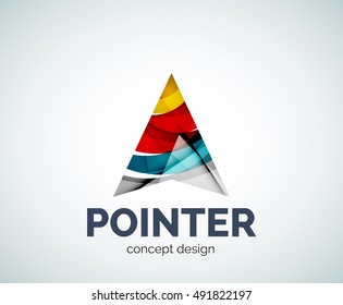 Arrow pointer logo business branding icon, created with color overlapping elements. Glossy abstract geometric style, single logotype