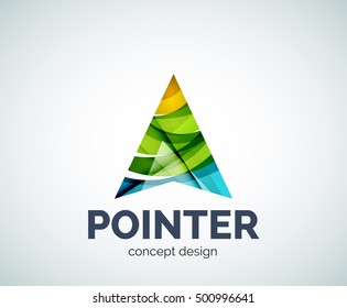 Icono de marca comercial del logotipo del puntero de flecha, creado con elementos superpuestos de color. Estilo geométrico abstracto brillante, logotipo único