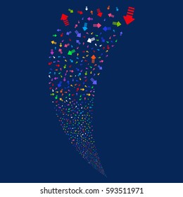Arrow Pointer random fireworks stream. Vector illustration style is flat bright multicolored iconic symbols on a blue background. Object fountain made from scattered design elements.