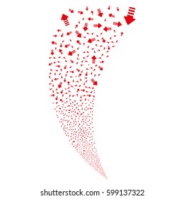 Arrow Pointer random fireworks stream. Vector illustration style is flat red iconic symbols on a white background. Object fountain constructed from scattered pictographs.