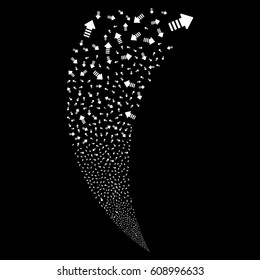 Arrow Pointer random fireworks stream. Vector illustration style is flat white iconic symbols on a black background. Object fountain created from scattered pictographs.