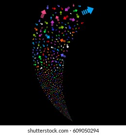 Arrow Pointer random fireworks stream. Vector illustration style is flat bright multicolored iconic symbols on a black background. Object fountain organized from scattered design elements.