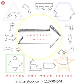 Arrow pointer right isolated on white. Black outline sketch. Vector