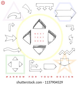Arrow pointer triangle isolated on white. Black outline sketch. Vector