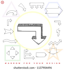 Arrow pointer turn down isolated on white. Black outline sketch. Vector