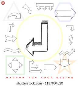 Arrow pointer turn left isolated on white. Black outline sketch. Vector