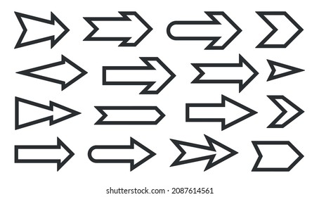 Arrow pointers black line set. Simple interface directions. Web design conceptual graphic signage. Vector cursor website application mobile apps. Navigation for maps. Isolated on white background