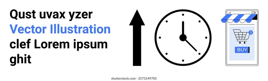 Arrow pointing up beside a clock and an online shopping cart on a mobile device. Ideal for e-commerce, time management, online shopping, productivity, and business growth. Banner for landing page