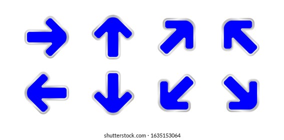 arrow pointing blue color isolated on white, clip art arrow icon set for direction pointing, modern arrow blue symbol for pointing indicates, illustrations arrow button blue