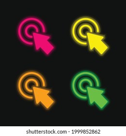 Arrow Pointing The Center Of A Circular Button Of Two Concentric Circles four color glowing neon vector icon