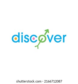 arrow pointing and darts discover logo. discover logo. blue-green discover word