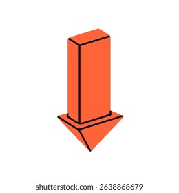 Arrow pointing down, straight downward direction. Indicator, decrease pointer, showing reduction. Decline falling symbol. Navigation element. Flat vector illustration isolated on white background