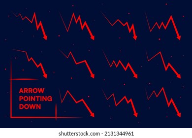 Arrow pointing down vector shapes collection. Arrows indicating downwards for loosing growth.