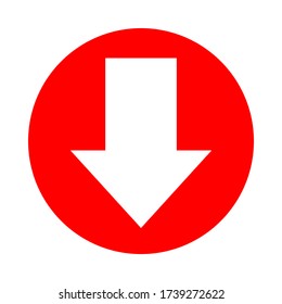 arrow pointing down white in circle red for icon flat isolated on white, circle with arrow for button interface app, arrow sign of next or download upload concept, arrow simple symbol for direction