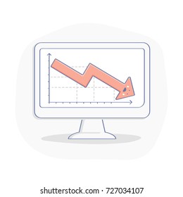 Arrow Pointing Downwards, Red indication down arrow on computer display. Financial Crisis, Problems, Crash, Depression, Debt. Flat outline vector icon concept.