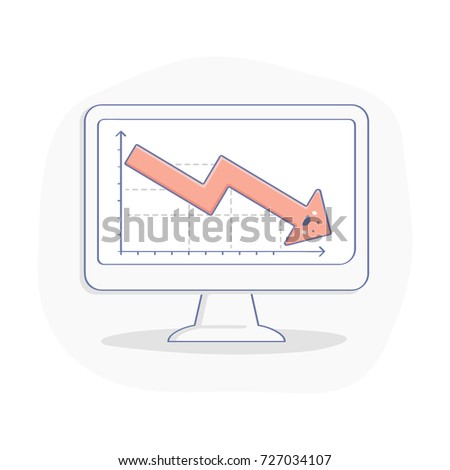 Arrow Pointing Downwards, Red indication down arrow on computer display. Financial Crisis, Problems, Crash, Depression, Debt. Flat outline vector icon concept.