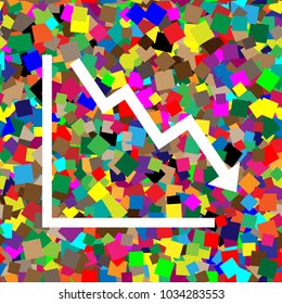 Arrow pointing downwards showing crisis. Vector. White icon on colorful background with seamless pattern from squares.