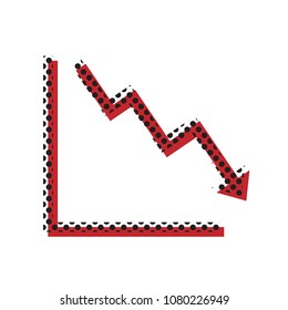 Arrow pointing downwards showing crisis. Vector. Brown icon with shifted black circle pattern as duplicate at white background. Isolated.