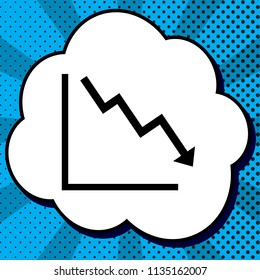 Arrow pointing downwards showing crisis. Vector. Black icon in bubble on blue pop-art background with rays.