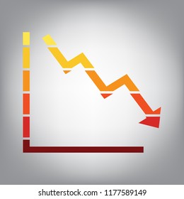Arrow pointing downwards showing crisis. Vector. Horizontally sliced icon with colors from sunny gradient in gray background.