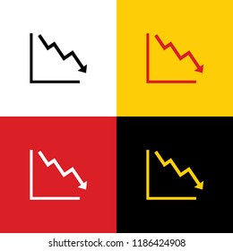Arrow pointing downwards showing crisis. Vector. Icons of german flag on corresponding colors as background.