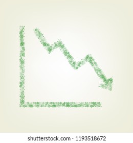 Arrow pointing downwards showing crisis. Vector. Green hexagon rastered icon and noised opacity and size at light green background with central light.