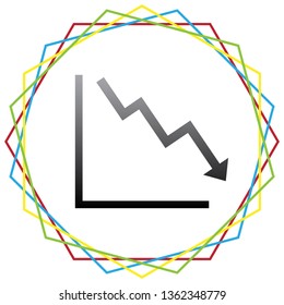 Arrow pointing downwards showing crisis. Vector. Black icon with patch of light inside colorful hexagonal frames at white background.