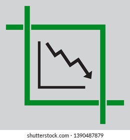 Arrow pointing downwards showing crisis. Black icon inside green crop tool at light gray background
