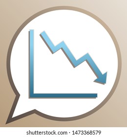 Arrow pointing downwards showing crisis. Bright cerulean icon in white speech balloon at pale taupe background. Illustration.