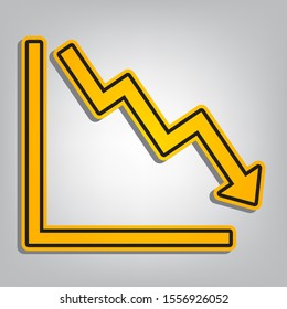 Arrow pointing downwards showing crisis. Flat orange icon with overlapping linear black icon with gray shadow at whitish background. Illustration.