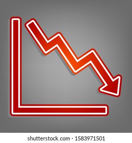 Arrow pointing downwards showing crisis. Flat red icon with linear white icon with gray shadow at grayish background. Illustration.