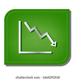Arrow pointing downwards showing crisis. Silver gradient line icon with dark green shadow at ecological patched green leaf. Illustration.