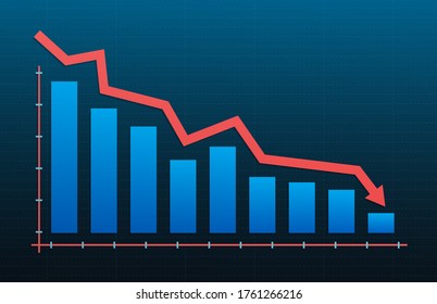 Arrow pointing downwards showing crisis. Stock or financial market crash with a graph and a red arrow on a blue background.