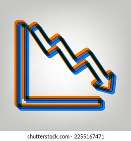 Arrow pointing downwards showing crisis. Stroked Icon in orange, azure and old lavender Colors at gray Background. Illustration.